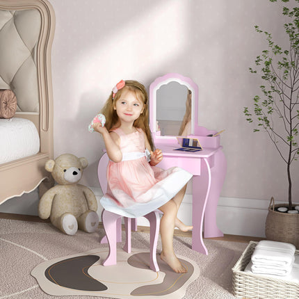 Kids Vanity Table Set with Stool and Mirror Pink Cloud Design - Pink