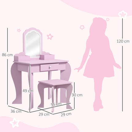 Kids Vanity Table Set with Stool and Mirror Pink Cloud Design - Pink