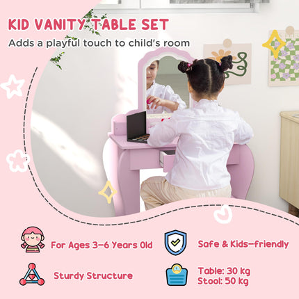 Kids Vanity Table Set with Stool and Mirror Pink Cloud Design - Pink