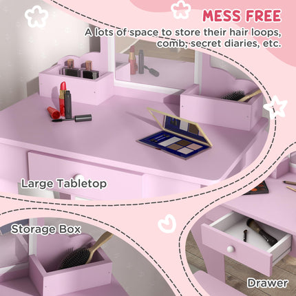Kids Vanity Table Set with Stool and Mirror Pink Cloud Design - Pink