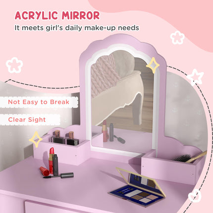 Kids Vanity Table Set with Stool and Mirror Pink Cloud Design - Pink