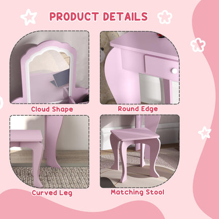 Kids Vanity Table Set with Stool and Mirror Pink Cloud Design - Pink