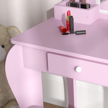 Kids Vanity Table Set with Stool and Mirror Pink Cloud Design - Pink