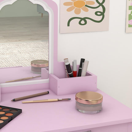 Kids Vanity Table Set with Stool and Mirror Pink Cloud Design - Pink