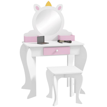 2 Piece Kids Dressing Table Set with Mirror and Stool - White Unicorn
