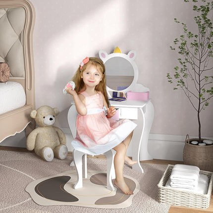 2 Piece Kids Dressing Table Set with Mirror and Stool - White Unicorn