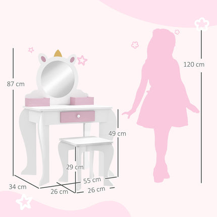 2 Piece Kids Dressing Table Set with Mirror and Stool - White Unicorn