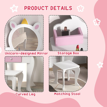 2 Piece Kids Dressing Table Set with Mirror and Stool - White Unicorn