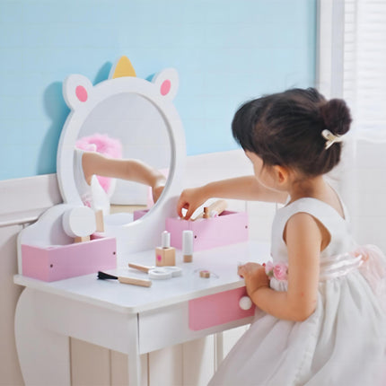 2 Piece Kids Dressing Table Set with Mirror and Stool - White Unicorn