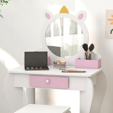 2 Piece Kids Dressing Table Set with Mirror and Stool - White Unicorn