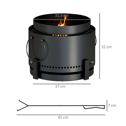Portable Smokeless Metal Fire Pit with Poker 37cm - Black