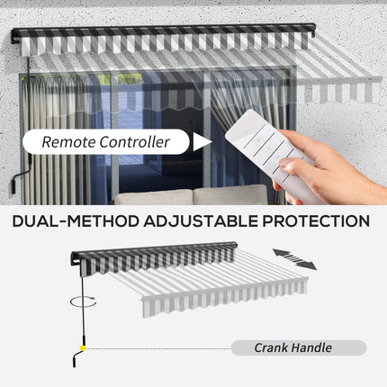 Electric Retractable Awning with Remote Control and Manual Crank - Grey and White