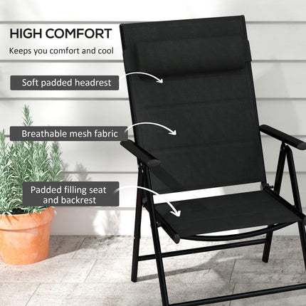 Set of 2 Folding Patio Chairs with Adjustable Back and Padded Mesh Seats - Black