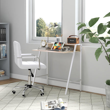 Home Office Desk and Faux Leather Swivel Chair Set with Storage Shelf - White