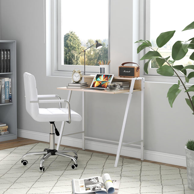 Home Office Desk and Faux Leather Swivel Chair Set with Storage Shelf - White