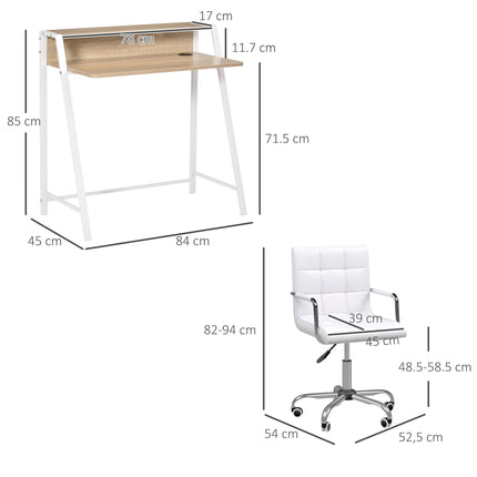 Home Office Desk and Faux Leather Swivel Chair Set with Storage Shelf - White