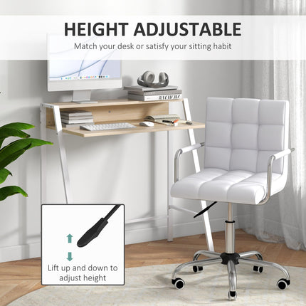 Home Office Desk and Faux Leather Swivel Chair Set with Storage Shelf - White