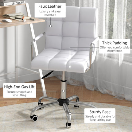 Home Office Desk and Faux Leather Swivel Chair Set with Storage Shelf - White