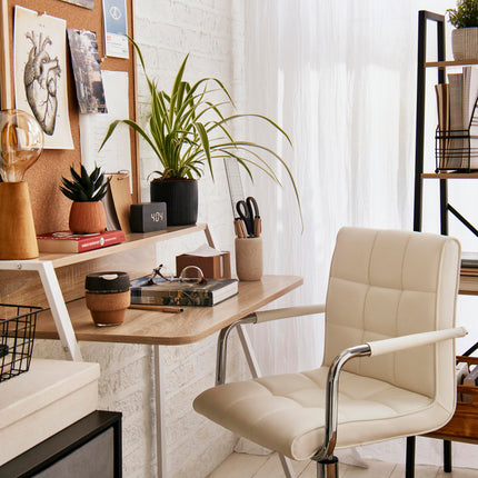 Home Office Desk and Faux Leather Swivel Chair Set with Storage Shelf - White