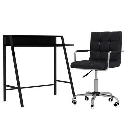 Home Office Desk and Faux Leather Swivel Chair Set with Storage Shelf - Black