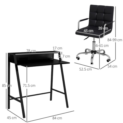 Home Office Desk and Faux Leather Swivel Chair Set with Storage Shelf - Black