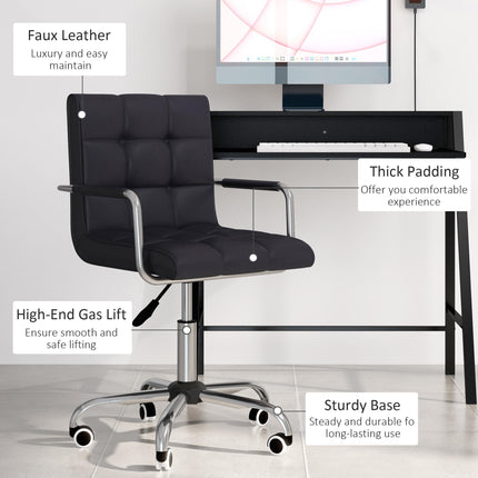 Home Office Desk and Faux Leather Swivel Chair Set with Storage Shelf - Black