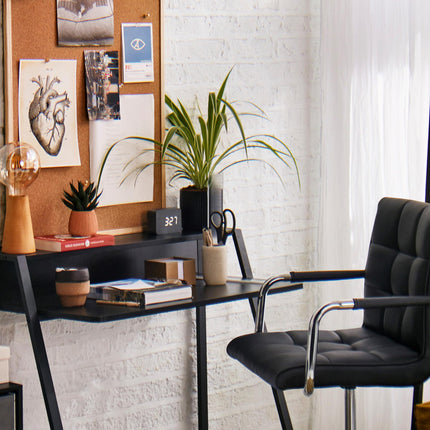 Home Office Desk and Faux Leather Swivel Chair Set with Storage Shelf - Black