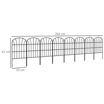 Metal Decorative Outdoor Picket Fence Panels Set of 8, 2.64m Length - Black