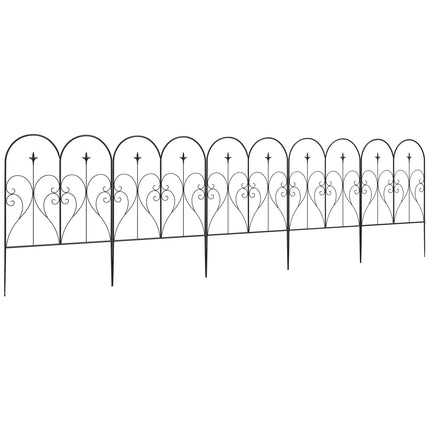 Set of 5 Metal Outdoor Picket Fence Panels with Heart Scrollwork - Black