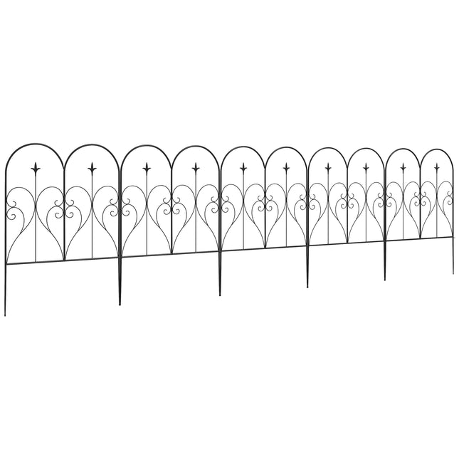Set of 5 Metal Outdoor Picket Fence Panels with Heart Scrollwork - Black