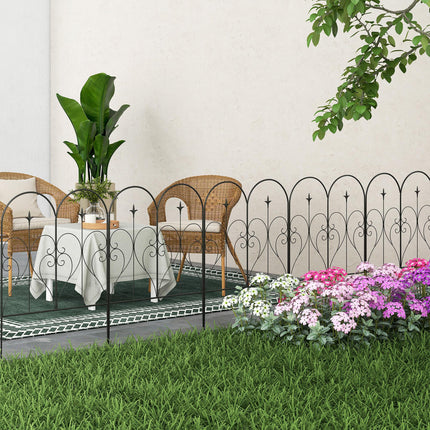 Set of 5 Metal Outdoor Picket Fence Panels with Heart Scrollwork - Black