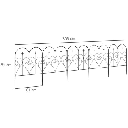 Set of 5 Metal Outdoor Picket Fence Panels with Heart Scrollwork - Black
