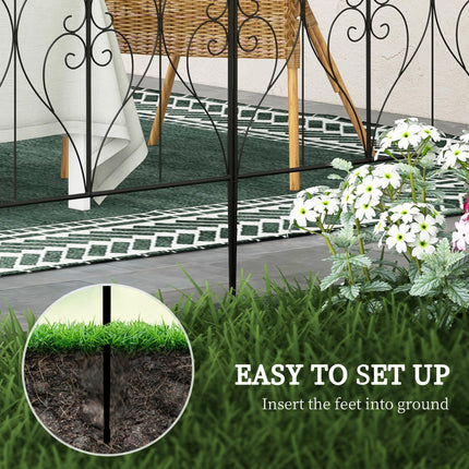 Set of 5 Metal Outdoor Picket Fence Panels with Heart Scrollwork - Black