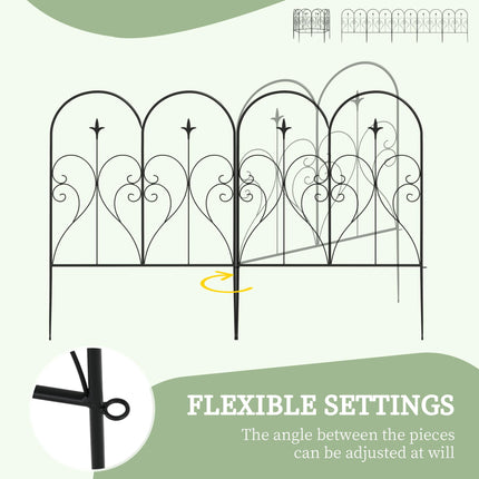 Set of 5 Metal Outdoor Picket Fence Panels with Heart Scrollwork - Black