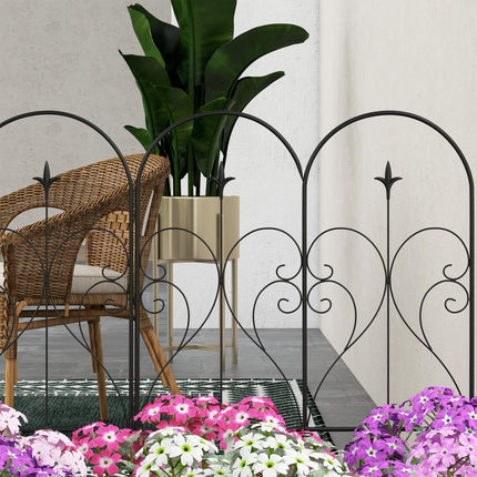 Set of 5 Metal Outdoor Picket Fence Panels with Heart Scrollwork - Black