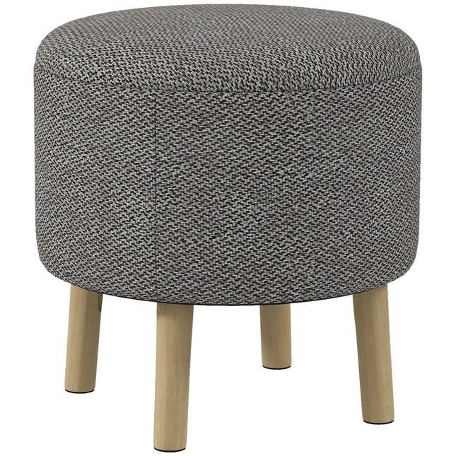 Round Storage Ottoman Stool with Padded Linen Seat and Wood Legs - Light Grey