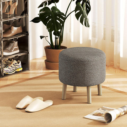 Round Storage Ottoman Stool with Padded Linen Seat and Wood Legs - Light Grey