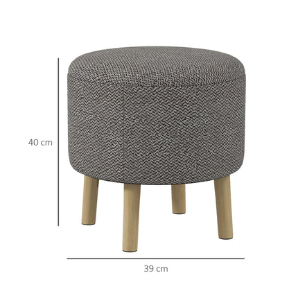 Round Storage Ottoman Stool with Padded Linen Seat and Wood Legs - Light Grey
