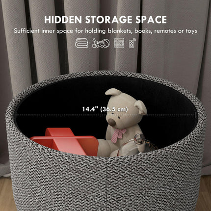 Round Storage Ottoman Stool with Padded Linen Seat and Wood Legs - Light Grey