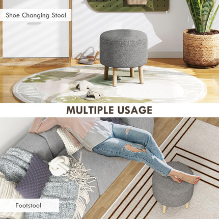 Round Storage Ottoman Stool with Padded Linen Seat and Wood Legs - Light Grey