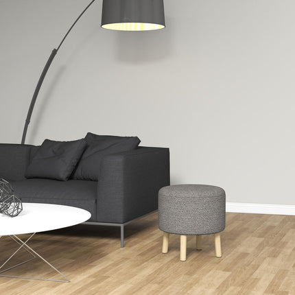 Round Storage Ottoman Stool with Padded Linen Seat and Wood Legs - Light Grey