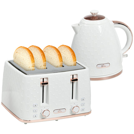 Fast Boil 1.7L Kettle and 4 Slice Toaster Set with Honeycomb Pattern - White