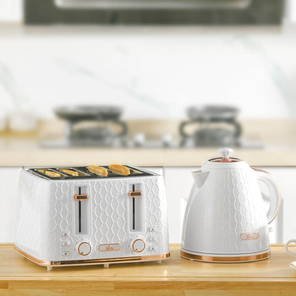 Fast Boil 1.7L Kettle and 4 Slice Toaster Set with Honeycomb Pattern - White