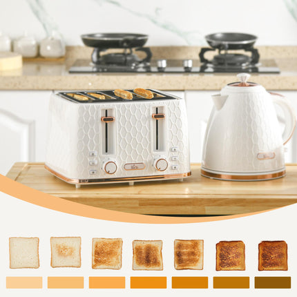 Fast Boil 1.7L Kettle and 4 Slice Toaster Set with Honeycomb Pattern - White