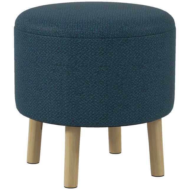 Round Storage Ottoman Stool with Padded Seat and Wood Legs - Blue