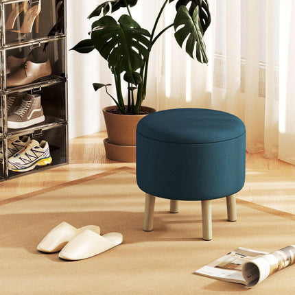 Round Storage Ottoman Stool with Padded Seat and Wood Legs - Blue