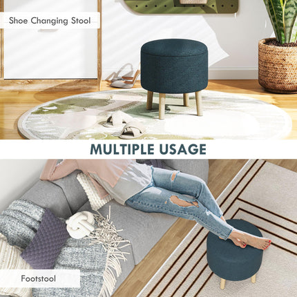 Round Storage Ottoman Stool with Padded Seat and Wood Legs - Blue