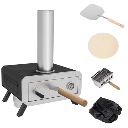 Portable Wood Fired Pizza Oven with Rotating Stone for Outdoor Cooking - Silver