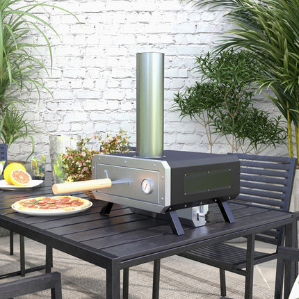 Portable Wood Fired Pizza Oven with Rotating Stone for Outdoor Cooking - Silver
