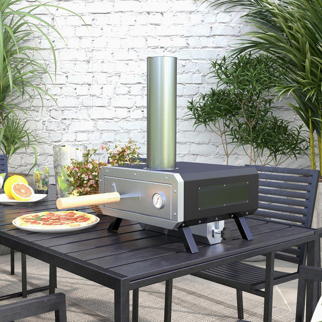 Portable Wood Fired Pizza Oven with Rotating Stone for Outdoor Cooking - Silver